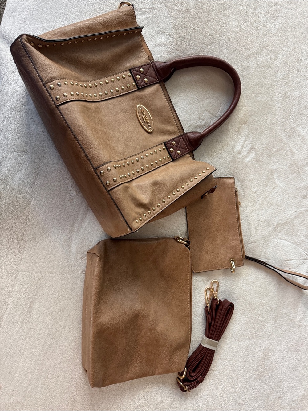 Stud-Accent Tan Tote with Removable Pouch and Wallet